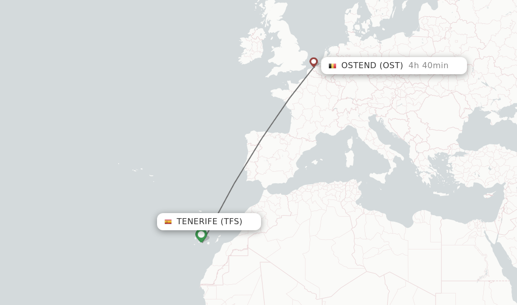 Flights from Tenerife to Ostend route map
