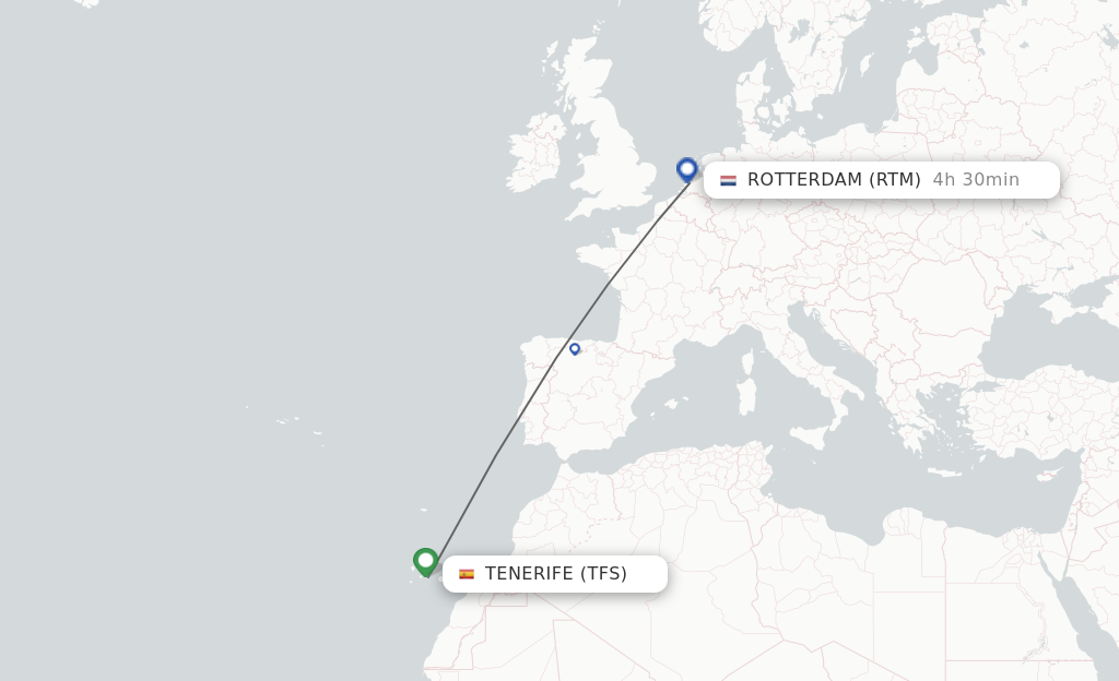Flights from Tenerife to Rotterdam route map