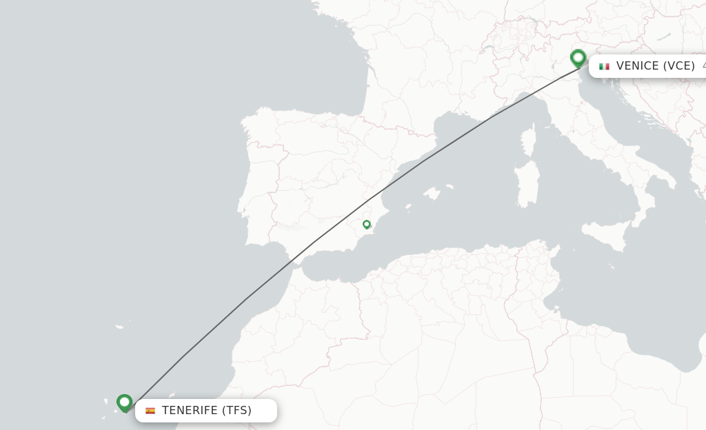Flights from Tenerife to Venice route map