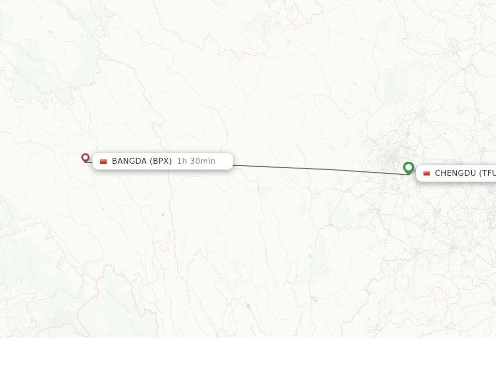Flights from Chengdu to Bangda route map