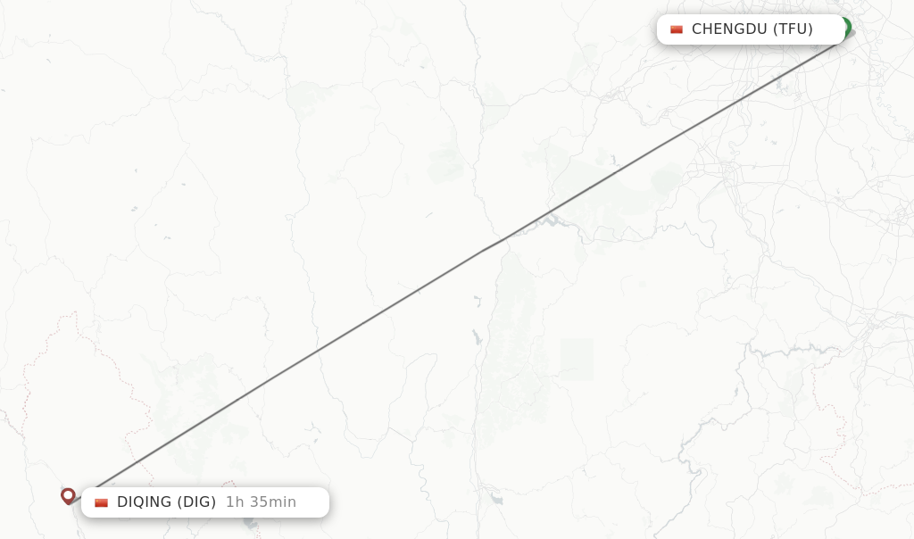 Flights from Chengdu to Diqing route map