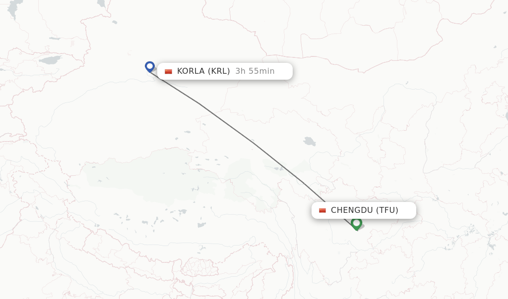 Flights from Chengdu to Korla route map