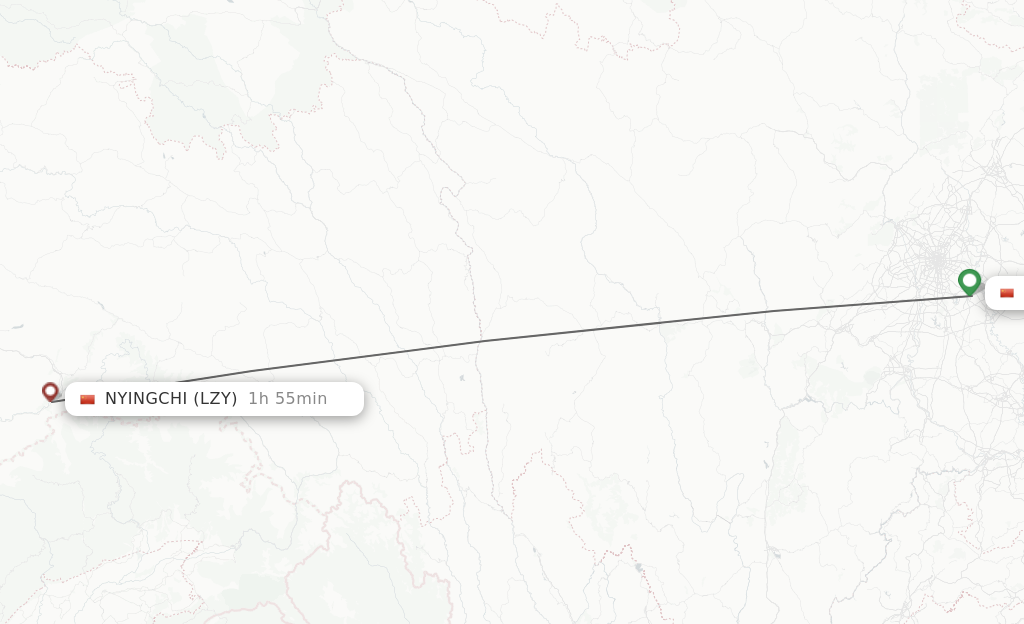 Flights from Chengdu to Nyingchi route map