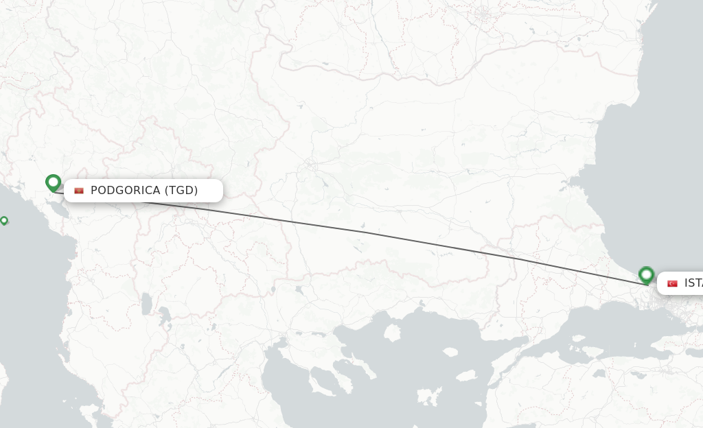 Flights from Podgorica to Istanbul route map
