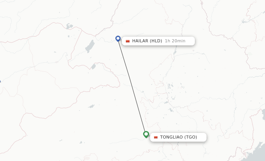 Flights from Tongliao to Hailar route map