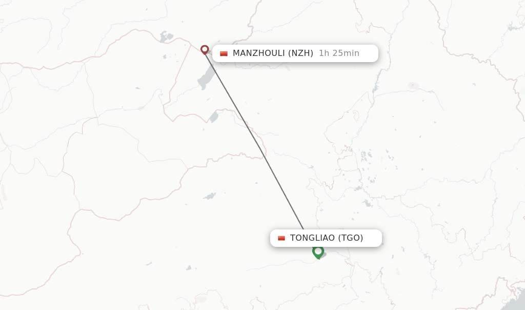 Flights from Tongliao to Manzhouli route map