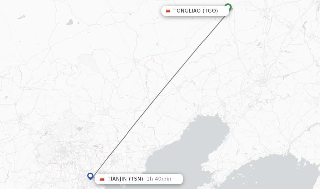 Flights from Tongliao to Tianjin route map