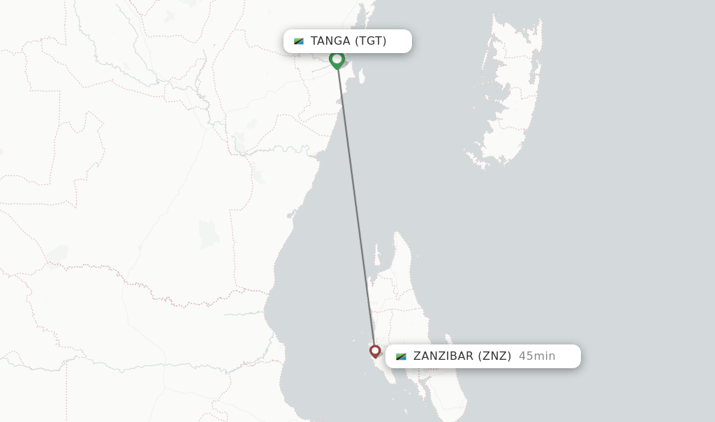 Flights from Tanga to Zanzibar route map