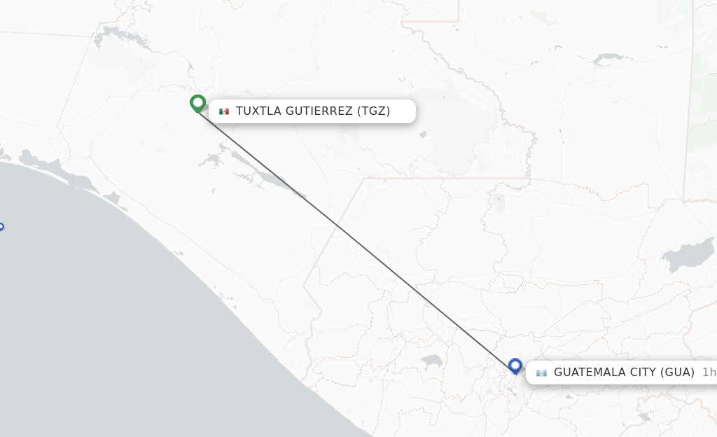 Flights from Tuxtla Gutierrez to Guatemala City route map