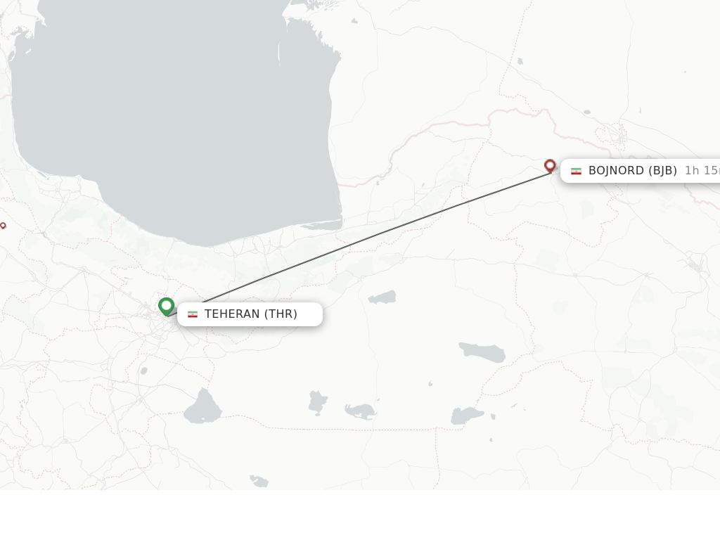Flights from Tehran to Bojnord route map