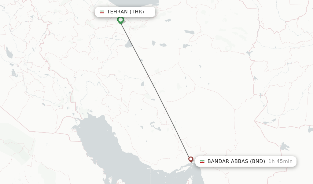 Flights from Tehran to Bandar Abbas route map