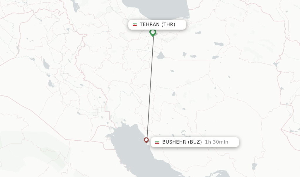 Flights from Tehran to Bushehr route map