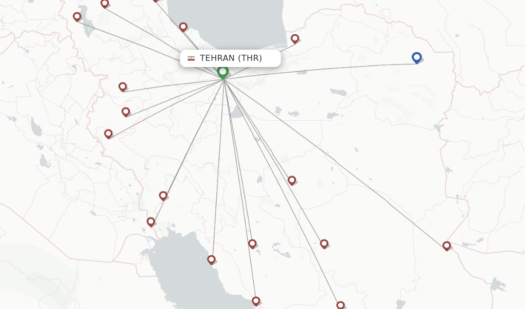Route map with flights from Tehran with Iran Aseman Airlines