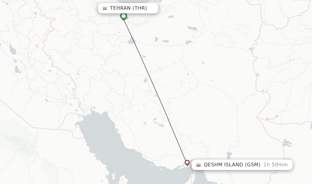Flights from Tehran to Qeshm Island route map