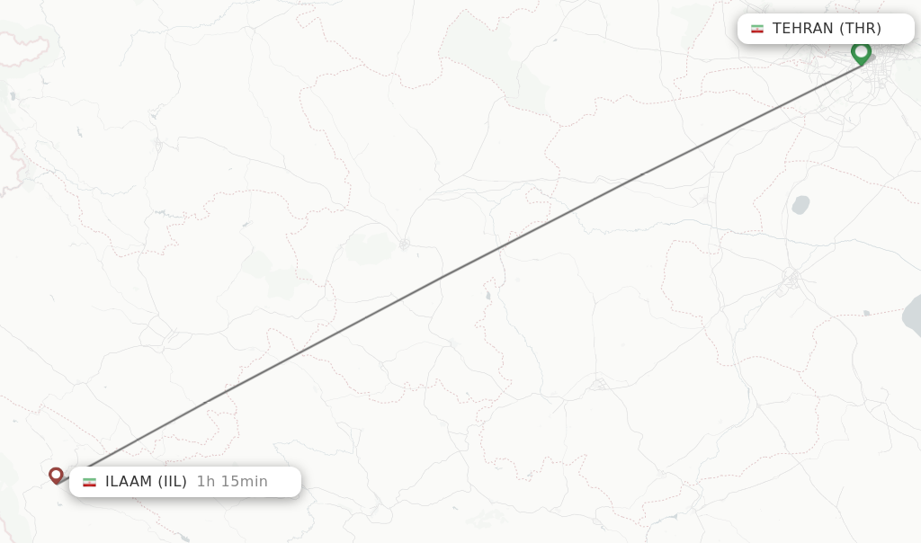 Flights from Tehran to Ilaam route map