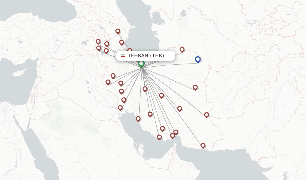 Route map with flights from Tehran with Iran Air