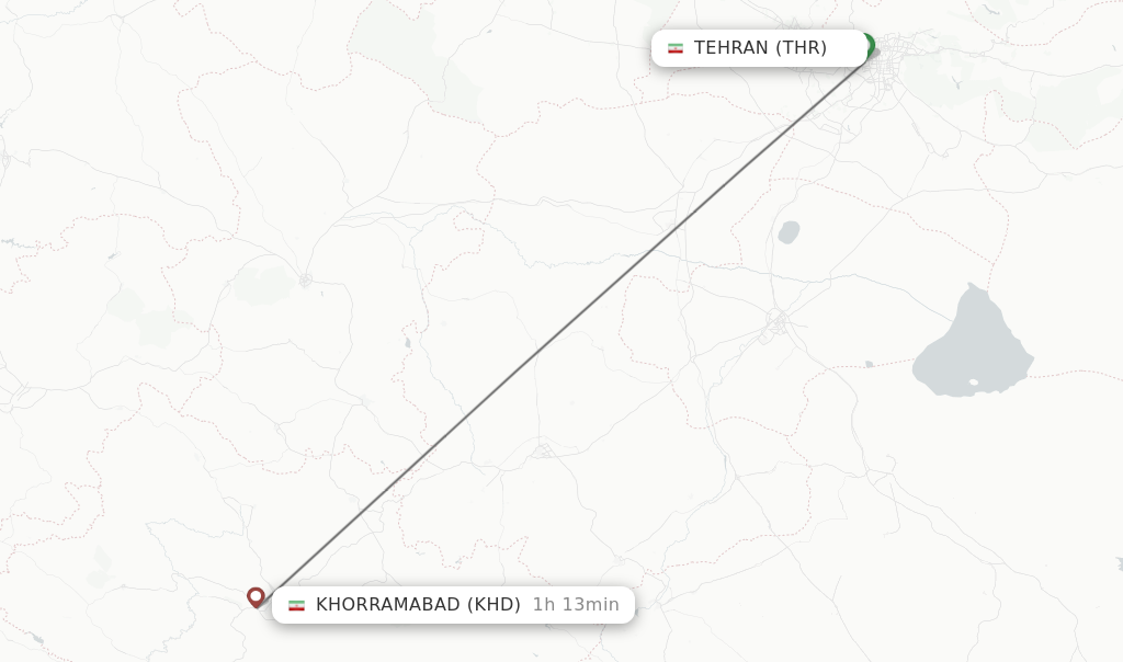 Flights from Tehran to Khorramabad route map