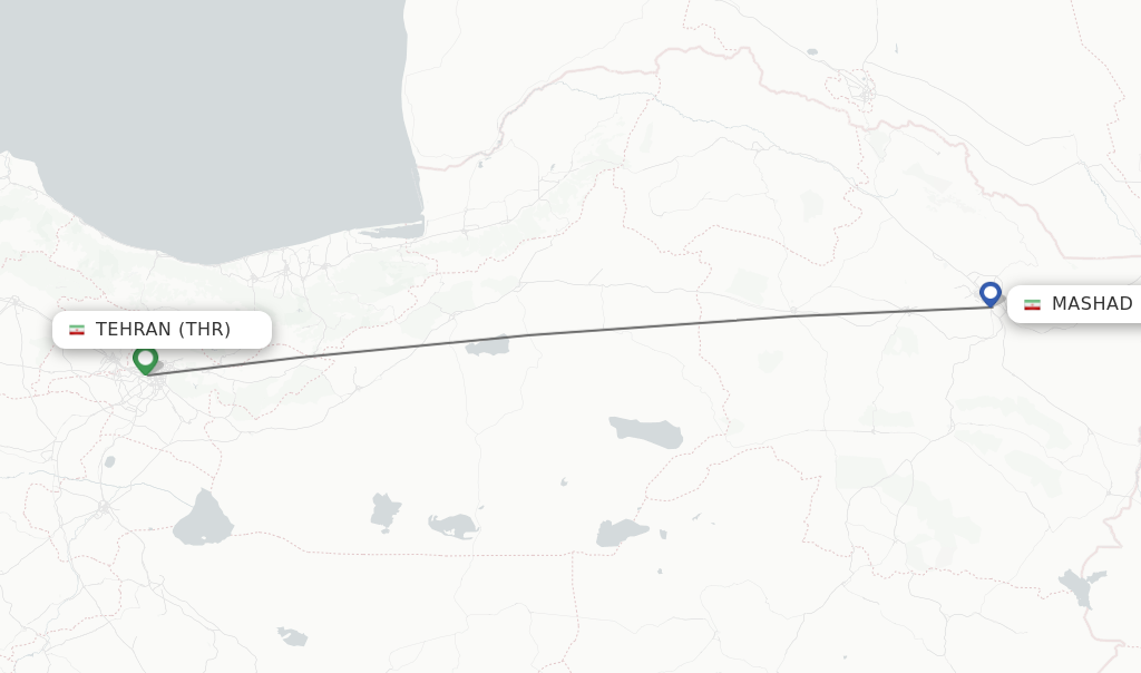 Flights from Tehran to Mashad route map