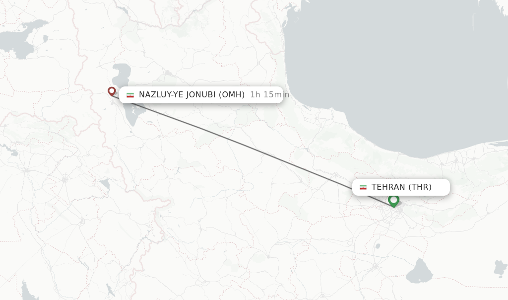 Flights from Tehran to Nazluy-ye Jonubi route map