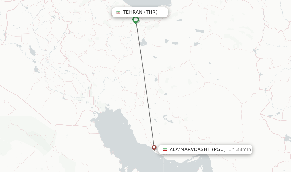Flights from Tehran to Ala'Marvdasht route map