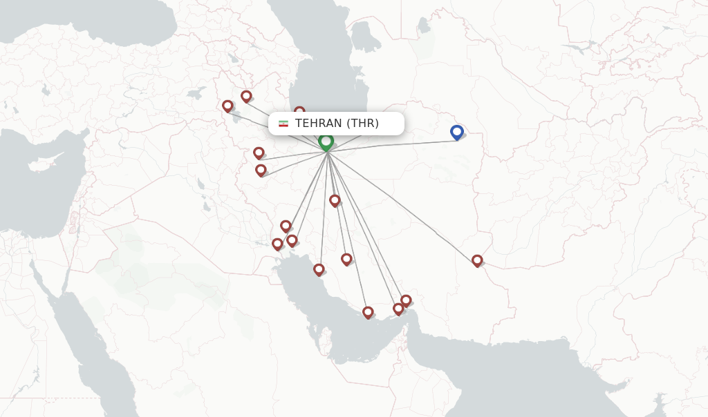Route map with flights from Tehran with Qeshm Air