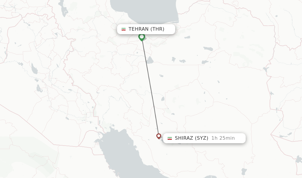 Flights from Tehran to Shiraz route map