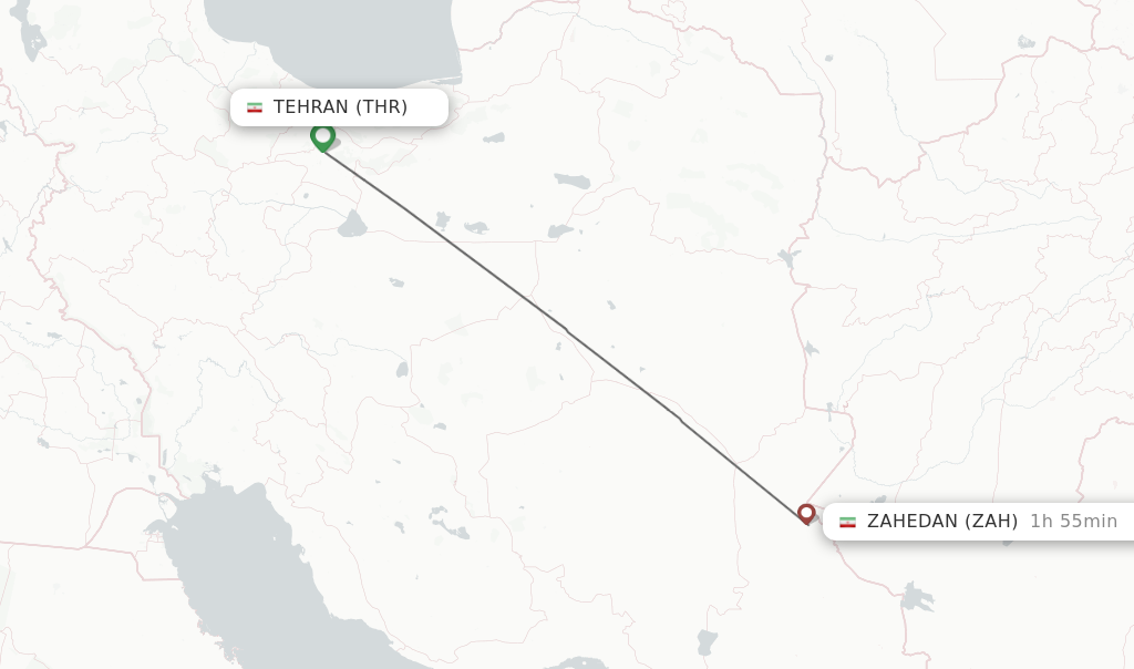 Flights from Tehran to Zahedan route map