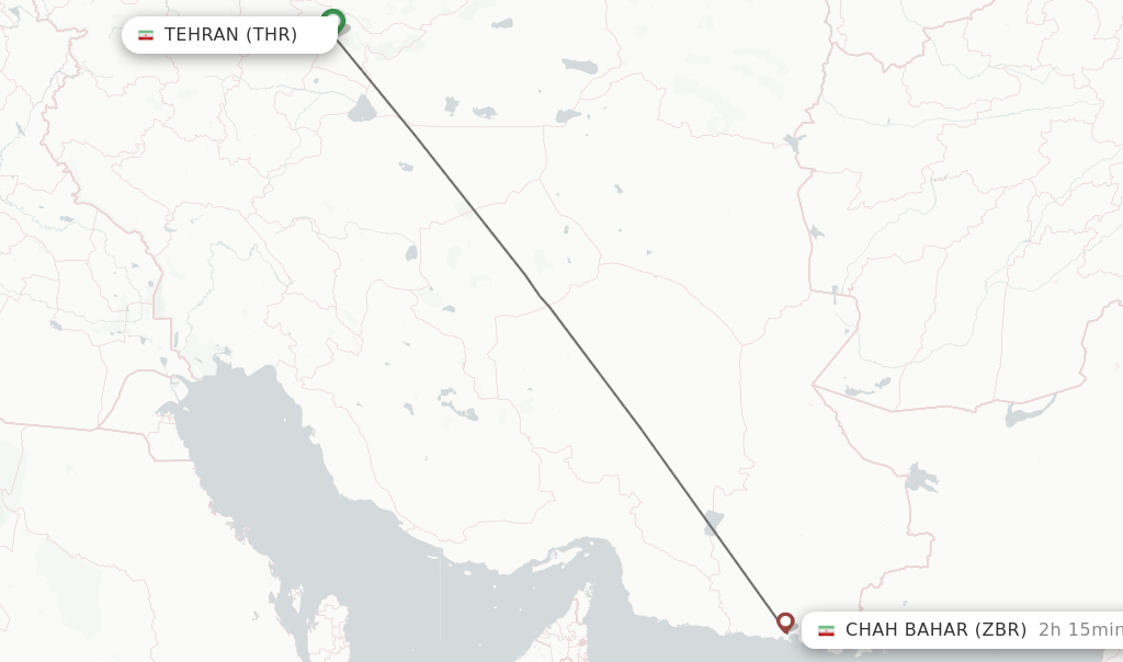 Flights from Tehran to Chah Bahar route map