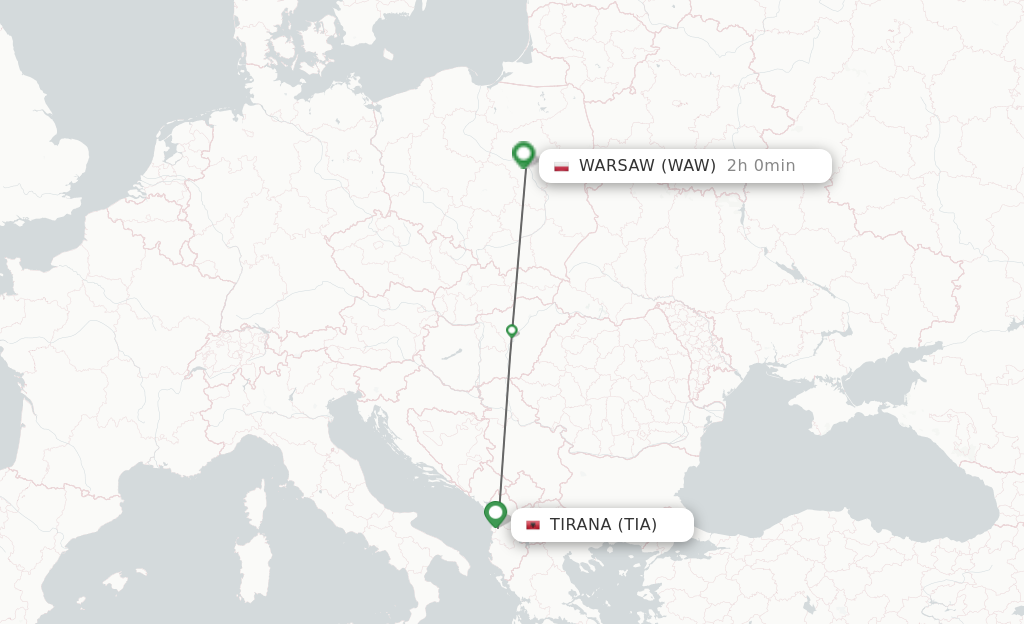 Flights from Tirana to Warsaw route map