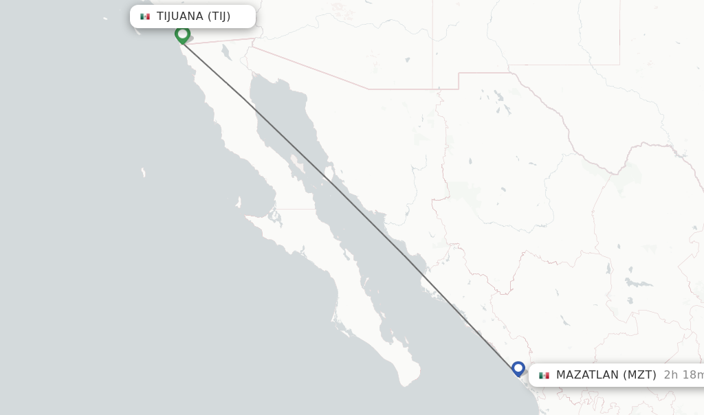 Flights from Tijuana to Mazatlan route map