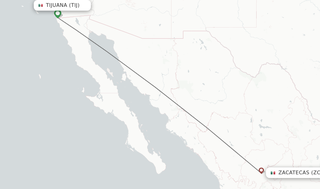Flights from Tijuana to Zacatecas route map