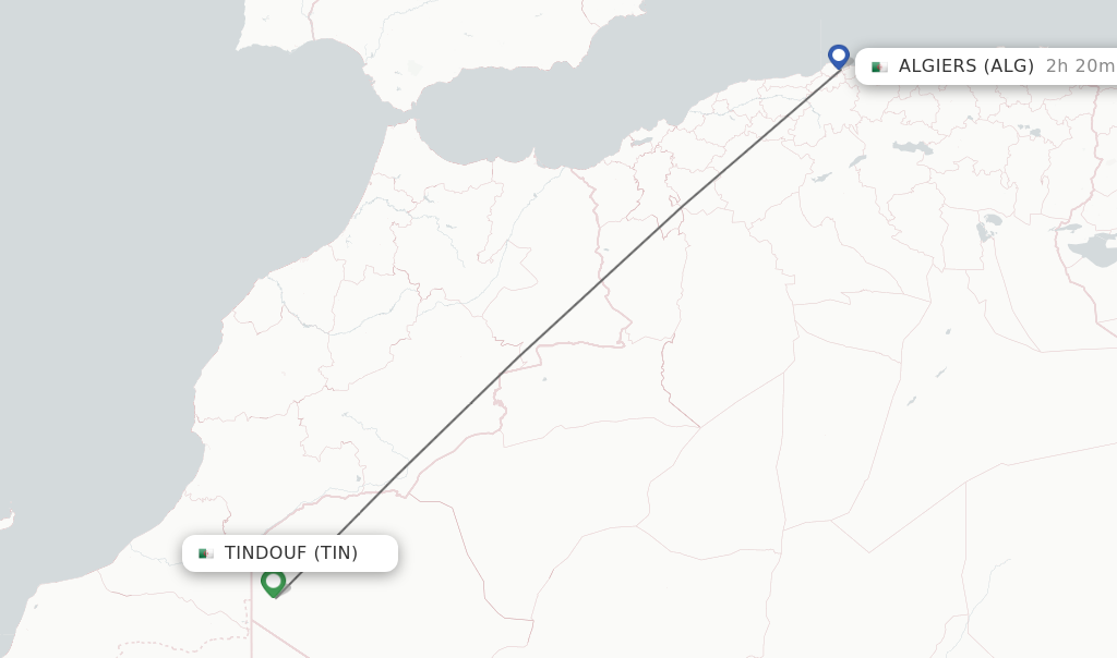 Flights from Tindouf to Algiers route map