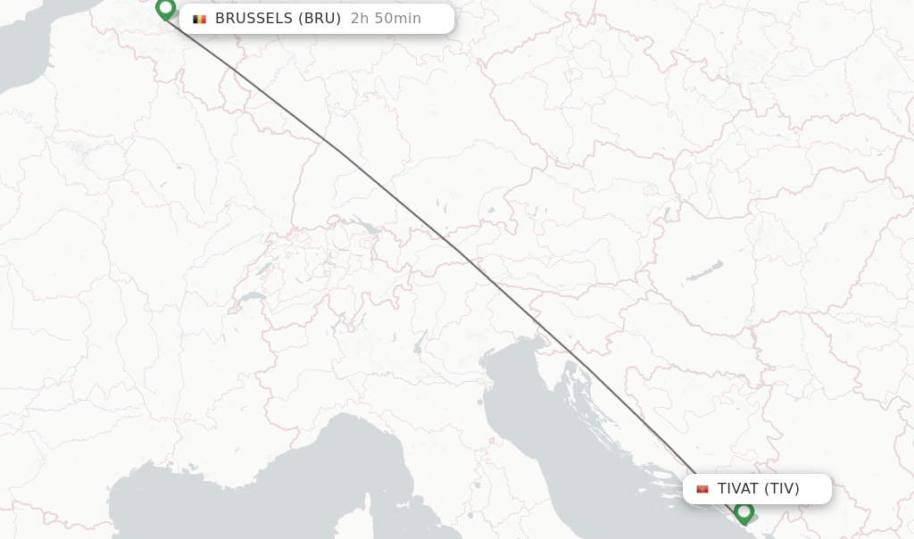 Flights from Tivat to Brussels route map
