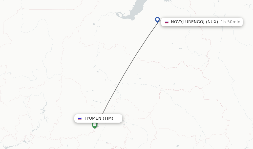 Flights from Tyumen to Novyj Urengoj route map