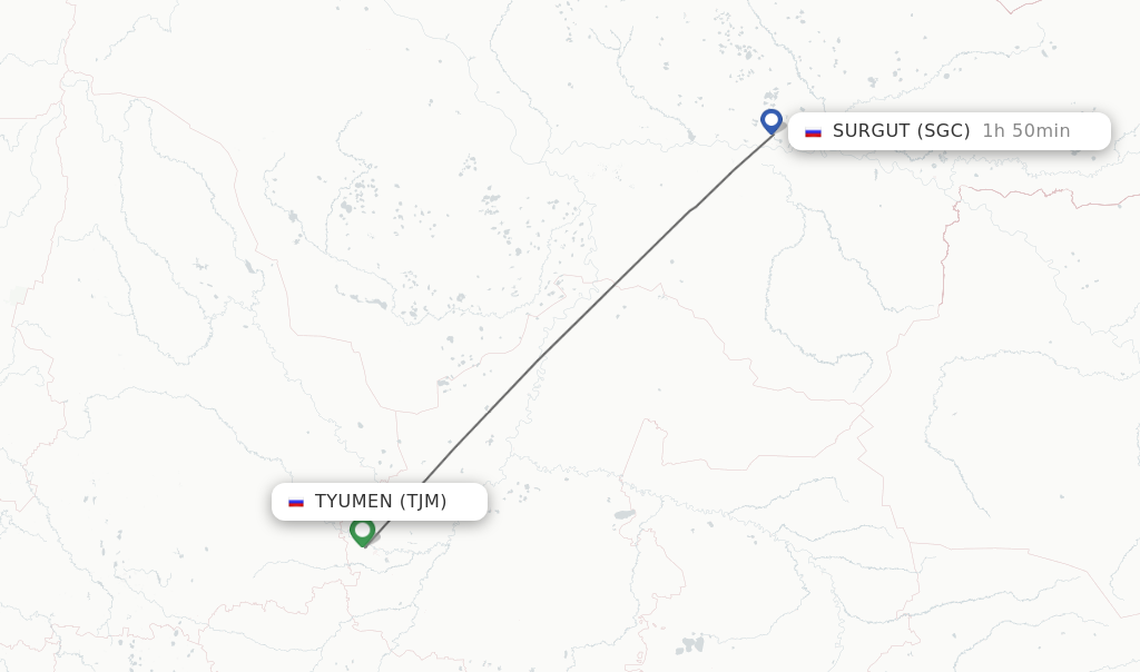 Flights from Tyumen to Surgut route map
