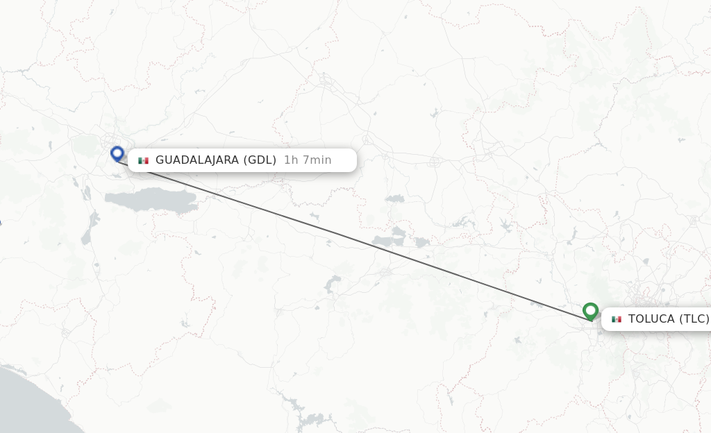 Flights from Toluca to Guadalajara route map