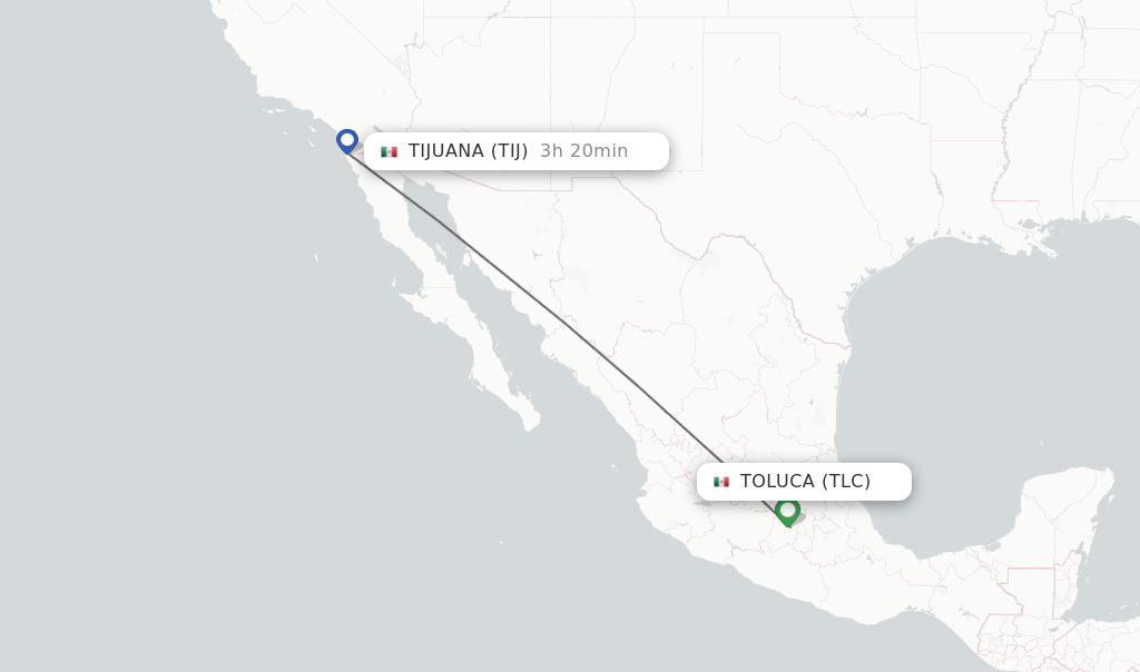 Flights from Toluca to Tijuana route map
