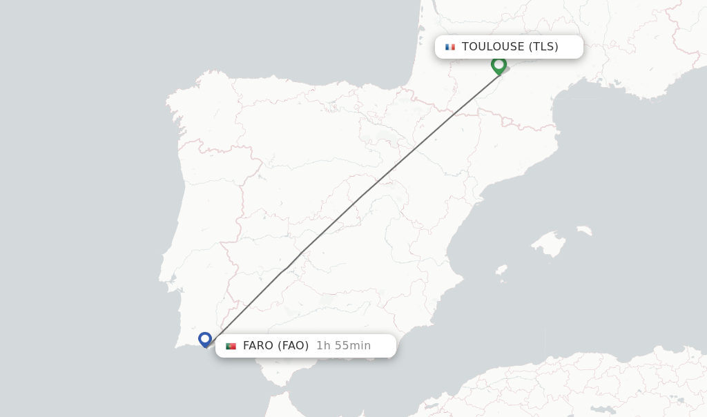 Flights from Toulouse to Faro route map