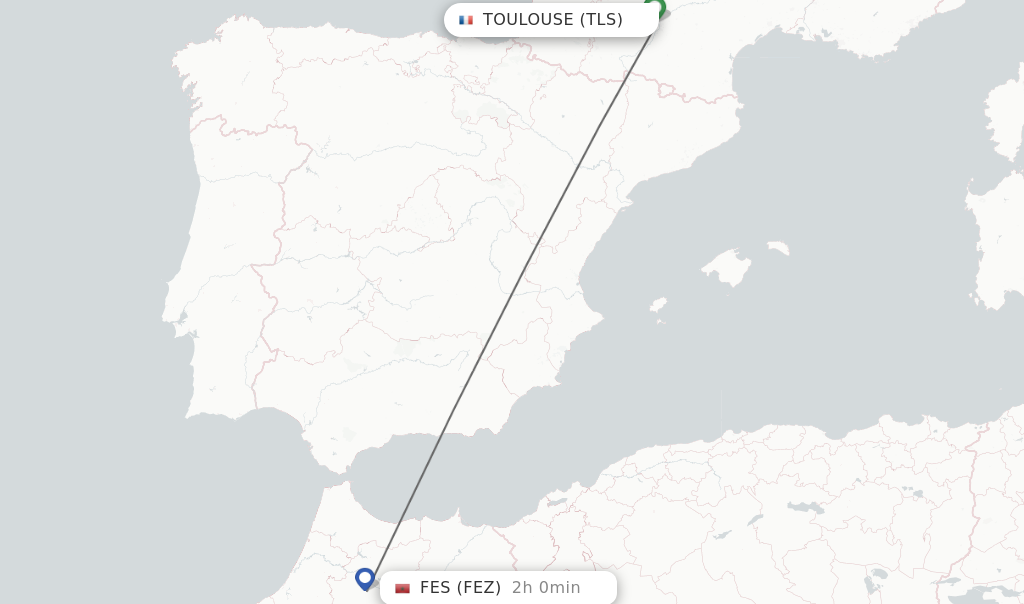 Flights from Toulouse to Fes route map