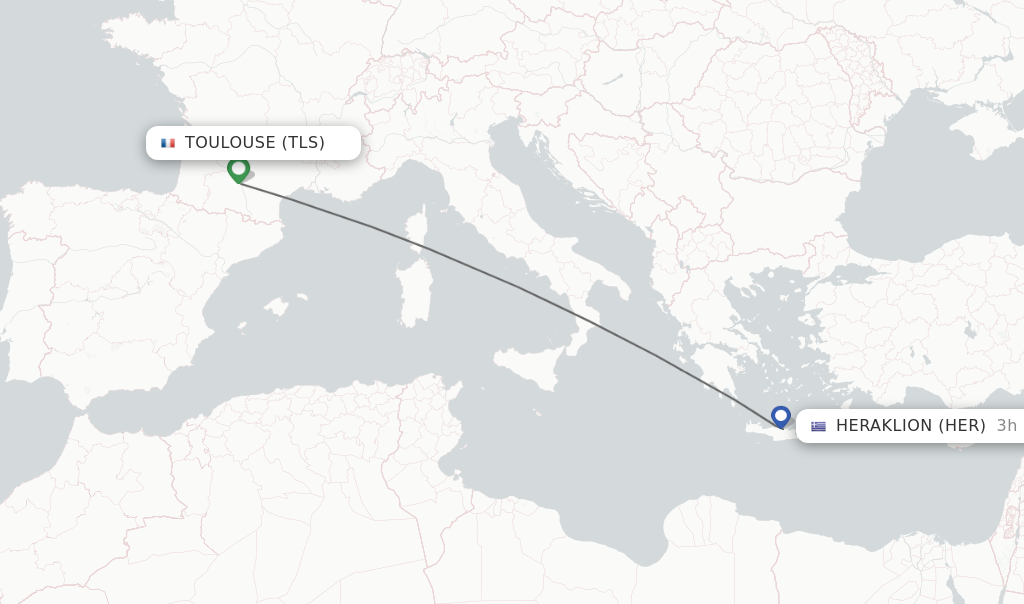 Flights from Toulouse to Heraklion route map