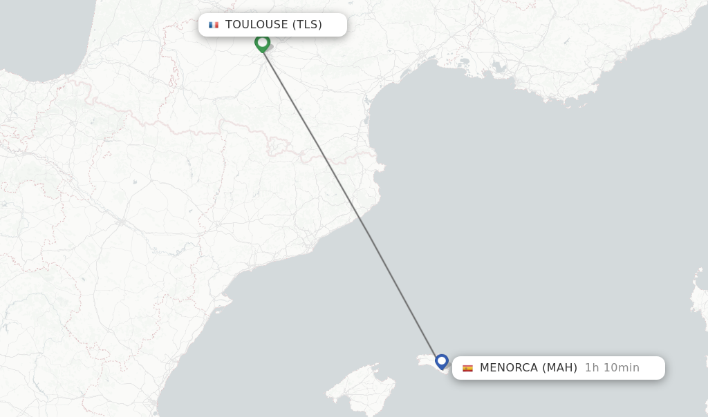 Flights from Toulouse to Menorca route map