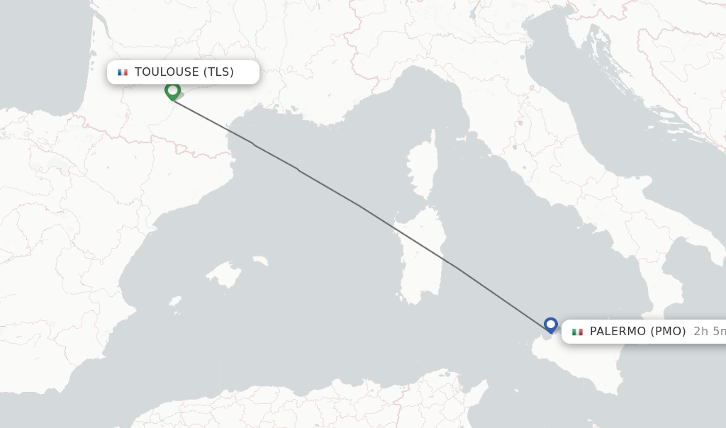 Flights from Toulouse to Palermo route map