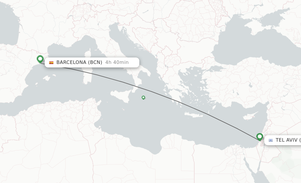Flights from Tel Aviv-Yafo to Barcelona route map