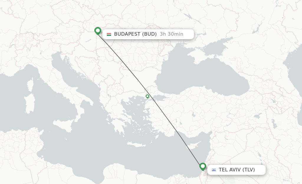 Flights from Tel Aviv-Yafo to Budapest route map
