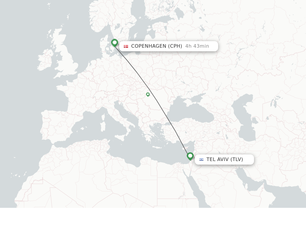 Flights from Tel Aviv-Yafo to Copenhagen route map