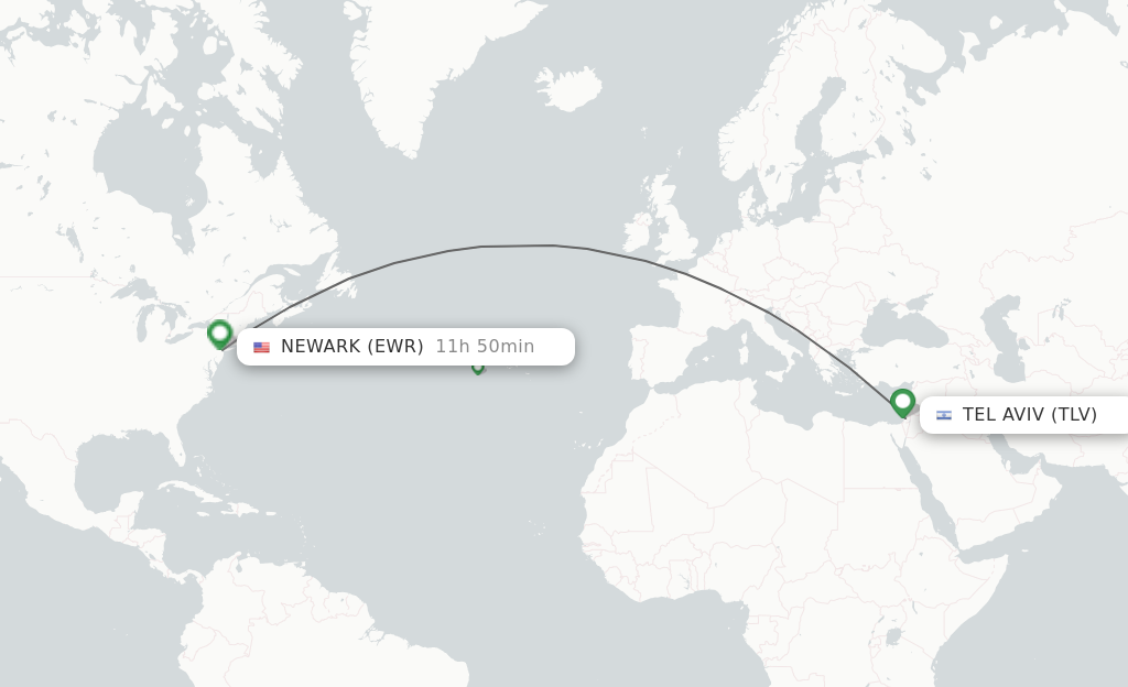 Flights from Tel Aviv-Yafo to New York route map