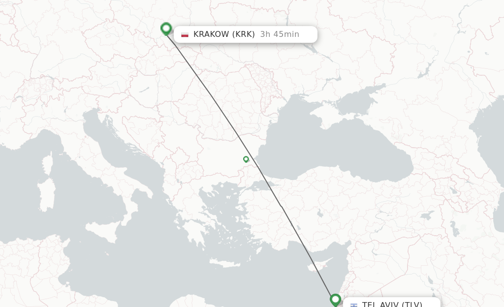 Flights from Tel Aviv-Yafo to Krakow route map