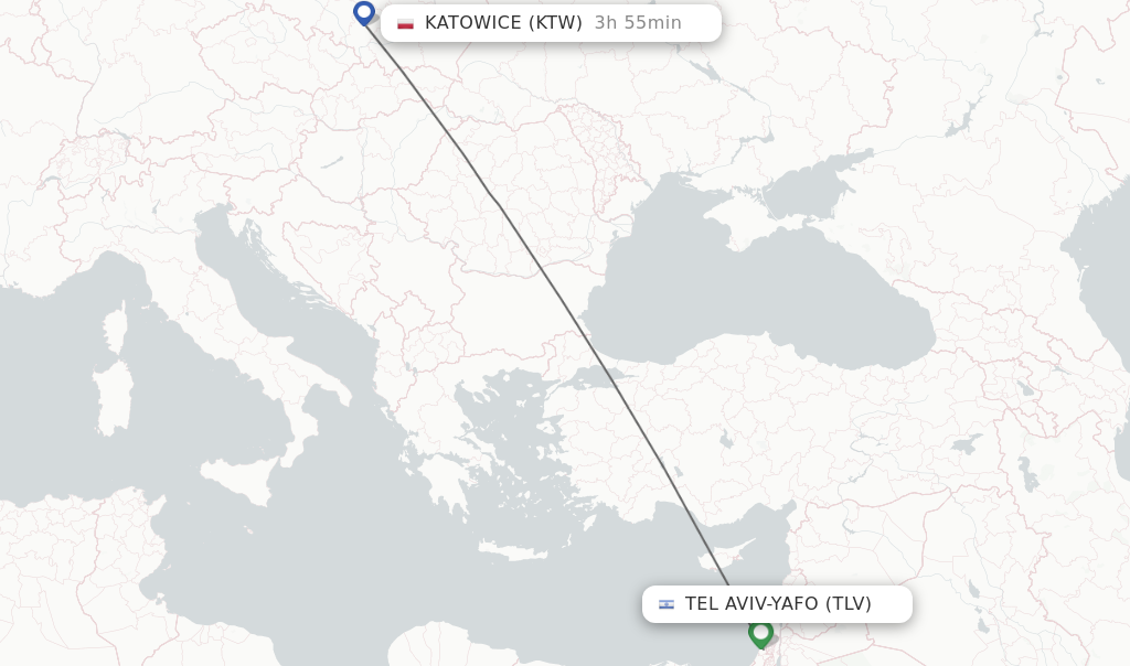 Flights from Tel Aviv-Yafo to Katowice route map