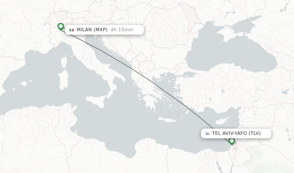 Flights from Tel Aviv-Yafo to Milan route map