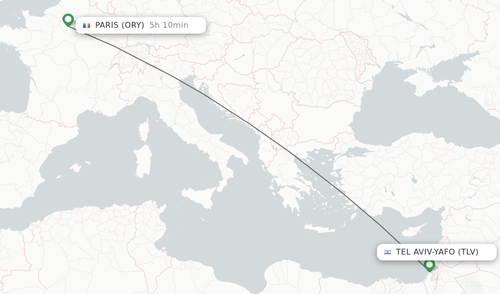 Flights from Tel Aviv-Yafo to Paris route map
